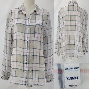 Old Navy Womens XL Flowy Sheer Button Front Tunic Blouse Top White Open Plaid